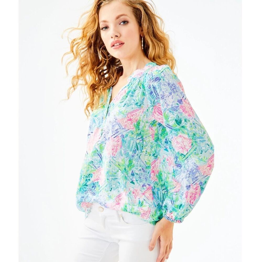 Lilly Pulitzer Elsa Silk Top Size XL Bohemian Queen Tropical Coastal Floral